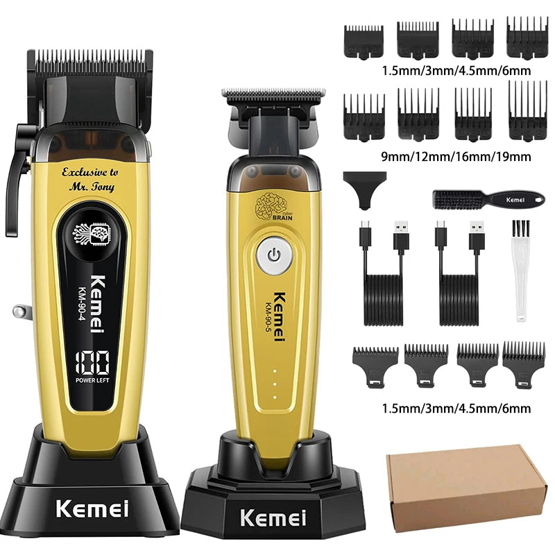 Kemei KM-90 Professional Hair Clipper Set – DLC Blade, Brushless Motor, 11,500 RPM, Cordless Barber Kit