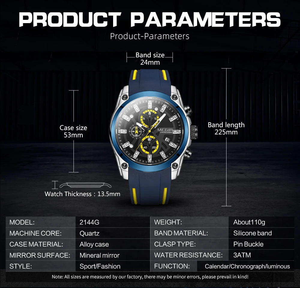 MEGIR Men's Military Sport Watch | Waterproof Luminous Blue Silicone Strap Luxury Wristwatch