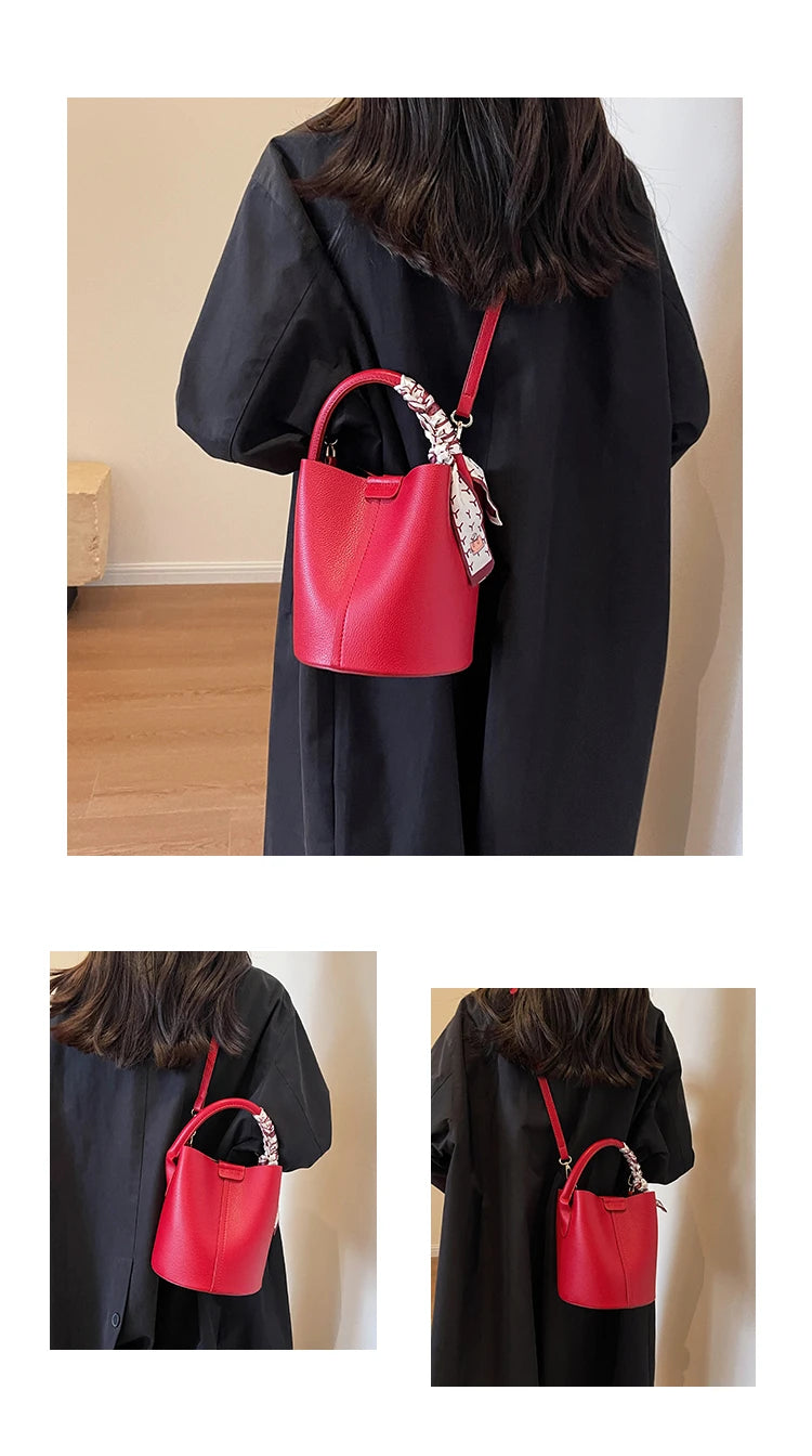 Fashion Simple PU Leather Bucket Shoulder Bag – Luxury Commuter Handbag for Women
