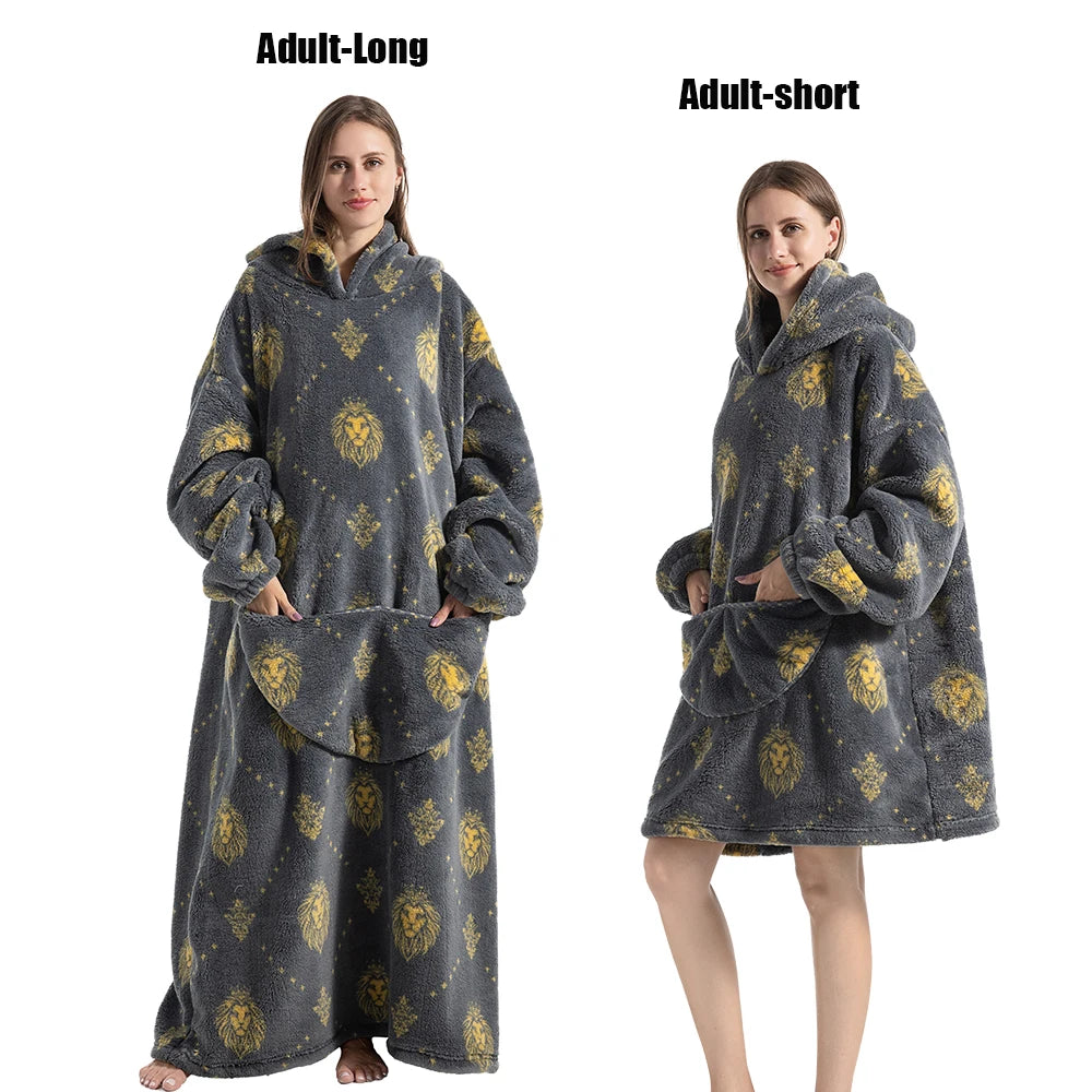 Oversized Wearable Blanket Hoodie – Plush Fleece with Sleeves, Hood & Pocket, 40 Designs