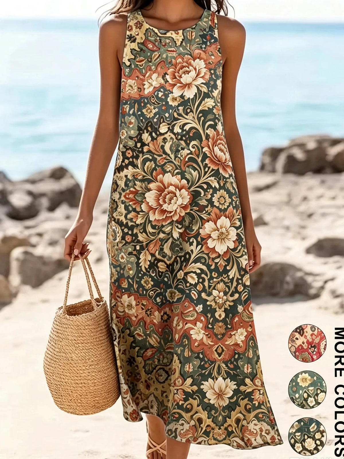 Women's Bohemian Floral Sleeveless MIDI Sundress with Pockets – Loose Sweetheart Beach Dress 2026