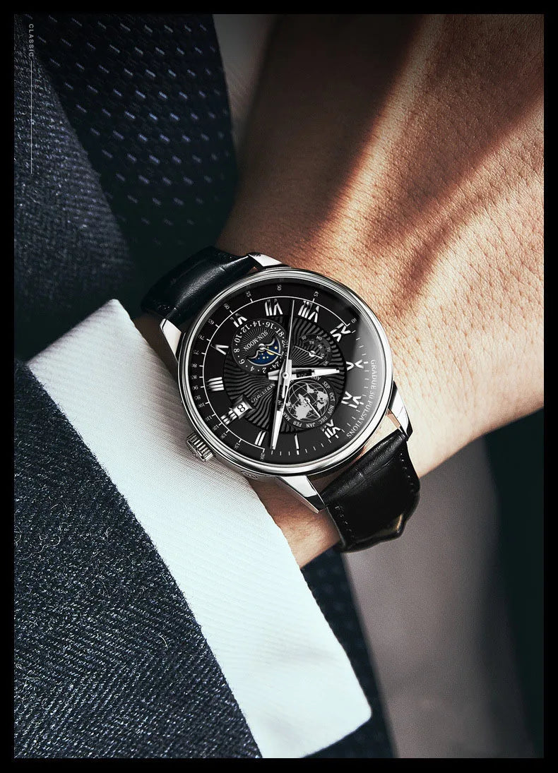 Men's Moon Phase Chronograph Quartz Watch | Luminous Leather Strap Luxury Sport Wristwatch