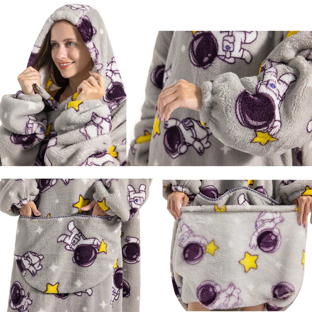 Oversized Wearable Blanket Hoodie – Plush Fleece with Sleeves, Hood & Pocket, 40 Designs