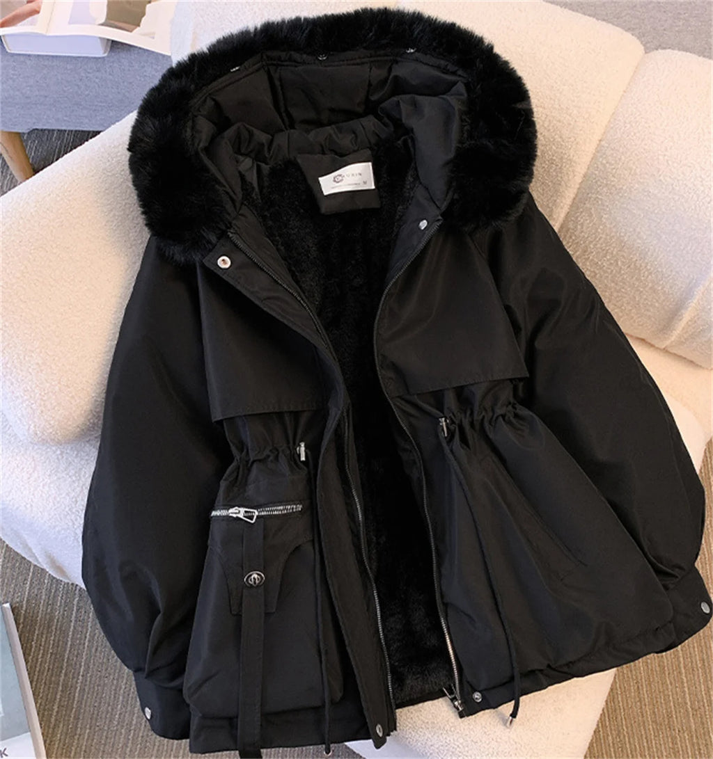 Women's Korean Hooded Padded Parka – Thick Zip-Up Drawstring Winter Coat