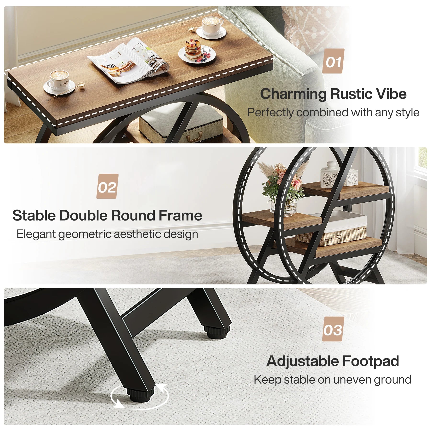 Tribesigns 3-Tier Narrow Side Table — Wood & Geometric Metal Frame
