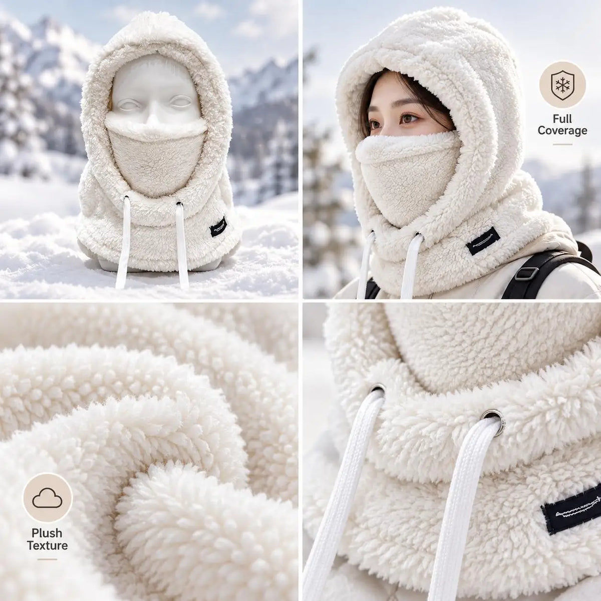 Plush Drawstring Balaclava Hood with Face and Neck Cover