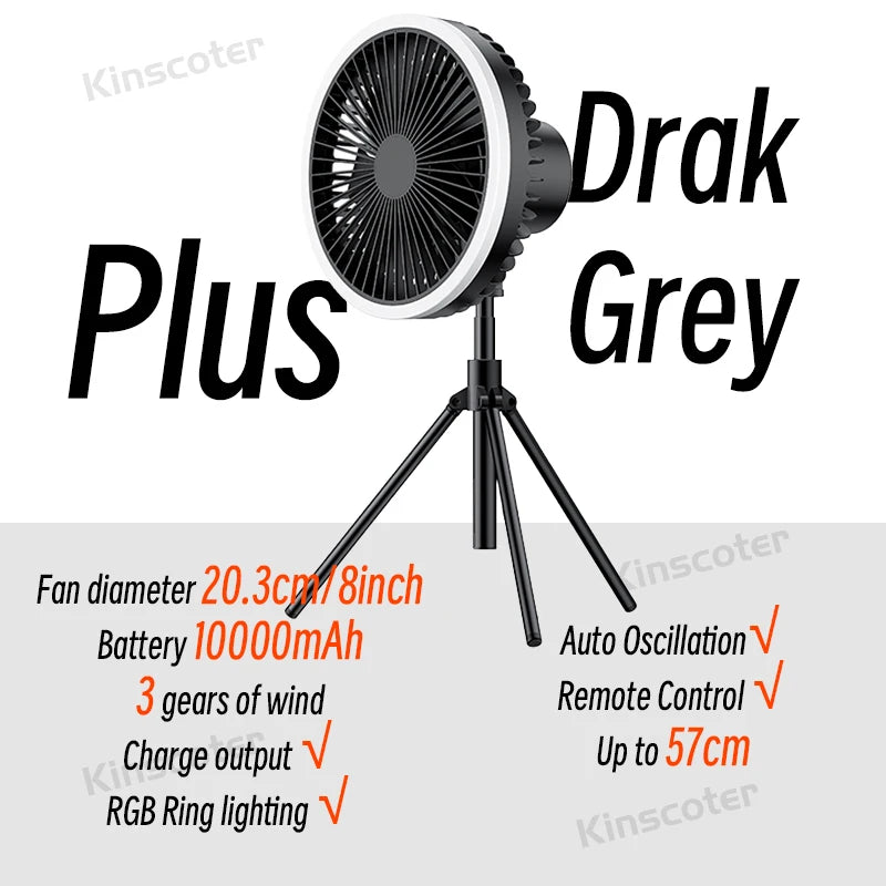 10000mAh Camping Fan – Rechargeable Portable Wireless Ceiling Fan with Power Bank & LED Lighting Tripod