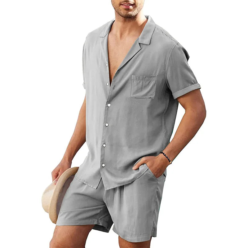 Men's Cotton Linen Short Sleeve Shirt & Shorts Set – Breathable Casual Beach Pajama 2-Piece