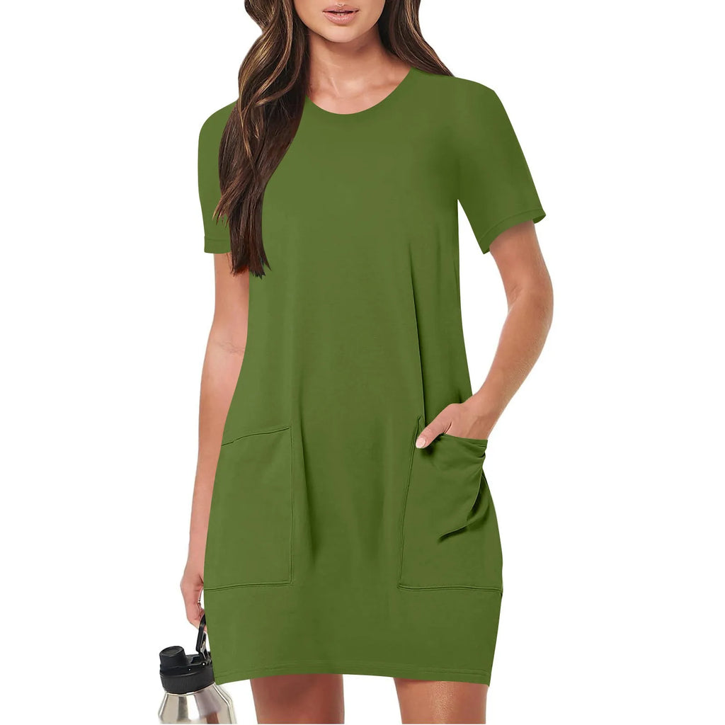 Solid Color Pocket Casual Sports Dress — Short Sleeve O-Neck A-Line Knee-Length Dress