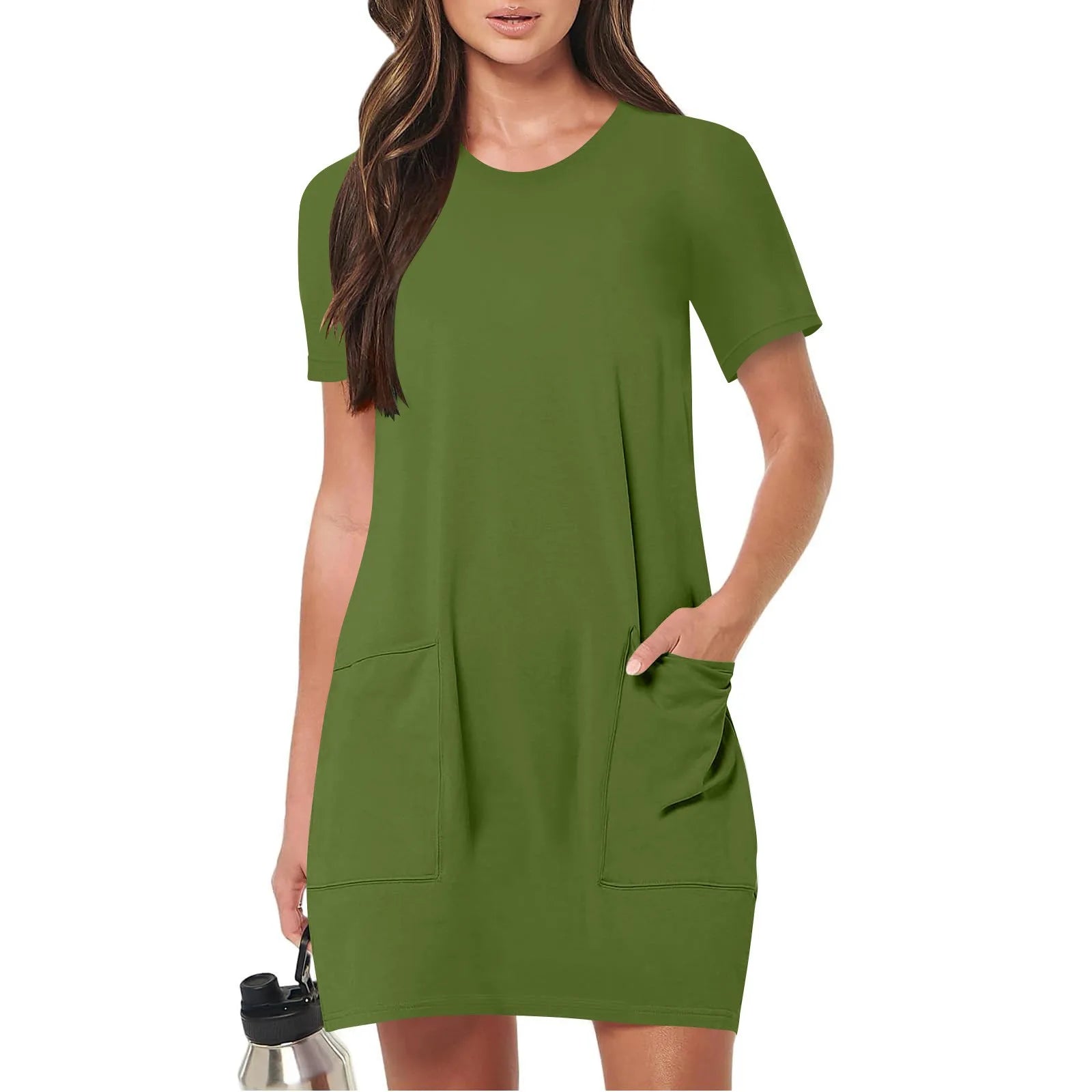 Solid Color Pocket Casual Sports Dress — Short Sleeve O-Neck A-Line Knee-Length Dress