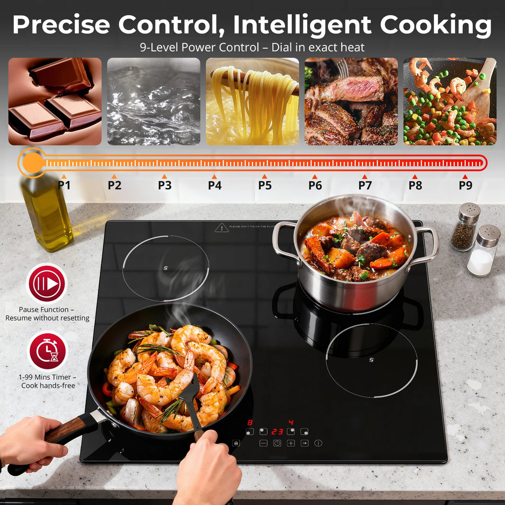 6000W 4-Zone Ceramic Induction Hob – 60cm Black Glass, Touch Control, 9 Power Levels, Timer & Child Lock