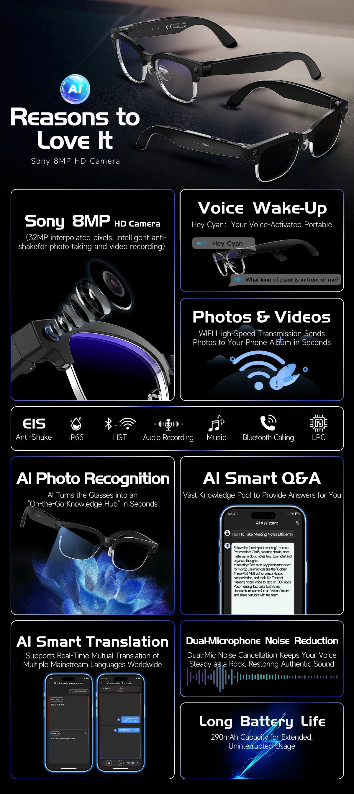 2026 800W Dual-Lens AI Smart Glasses — 4K HD, AI Translation, Bluetooth 5.3 & ChatGPT