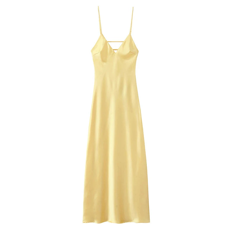 Butter Yellow Satin Bias Cut Lace Patchwork Midi Dress – V-Neck Backless Y2K Party Dress