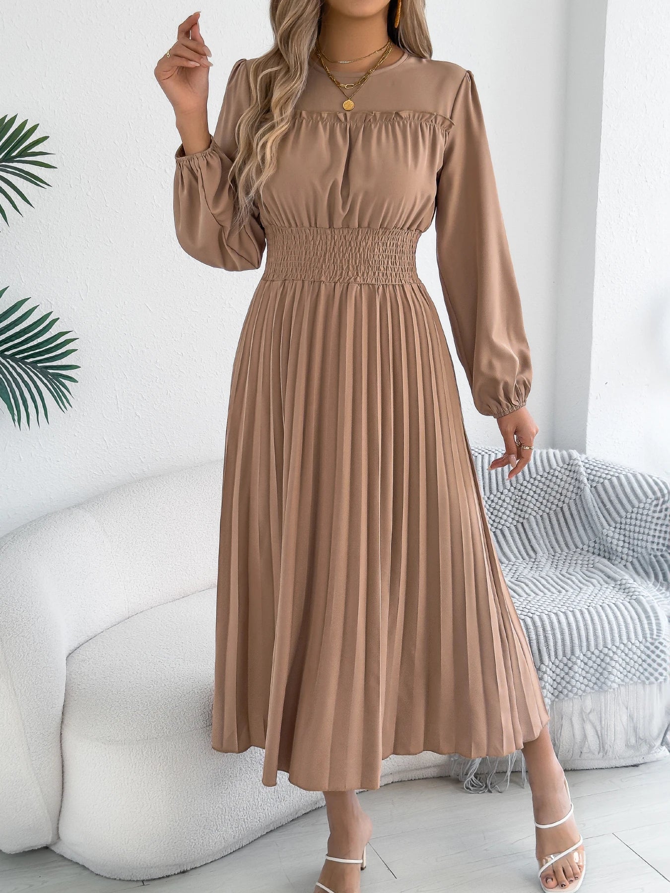 Elegant Dresses Women 2026 Autumn Winter Casual Solid Color High Waist Long Sleeve Maxi Dress Khaki Green Blue Woman Clothing
