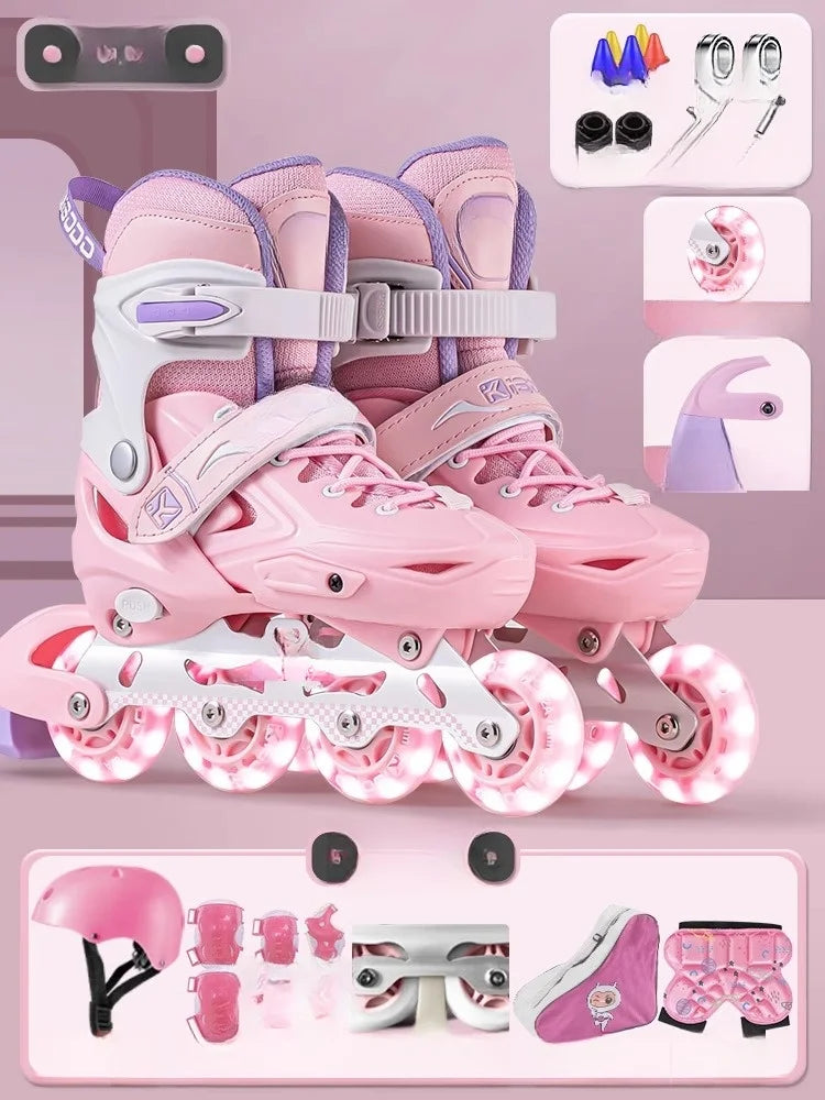Inline Roller Skate Shoes with Helmet & Pads Set – Flashing 4-Wheel Beginner Adult Unisex Outdoor Skating