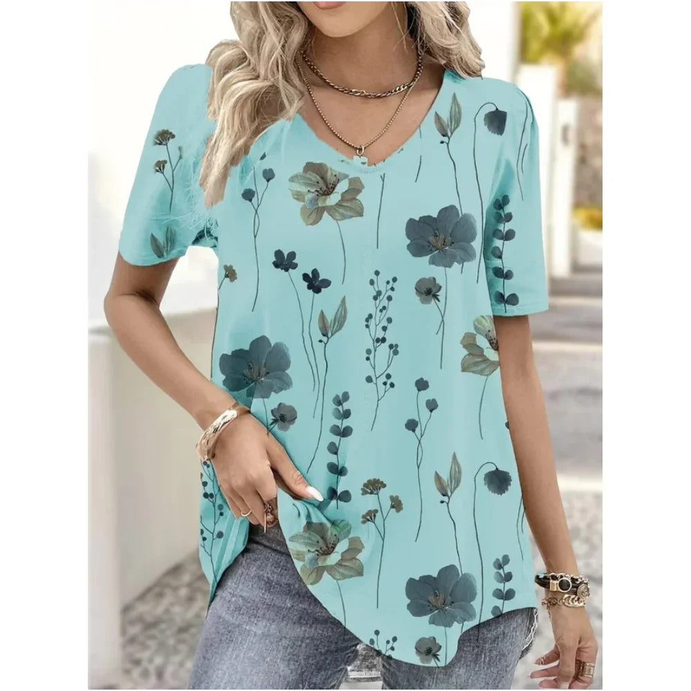 Women's 3D Flower Print V-Neck T-Shirt – Kawaii Oversized Summer Top & Blouse