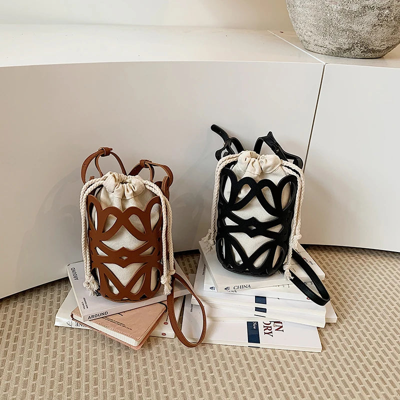 Brilliant Fish Hollow Out Drawstring Mini Bucket Crossbody Bag – Adjustable Strap Shoulder Bag for Women