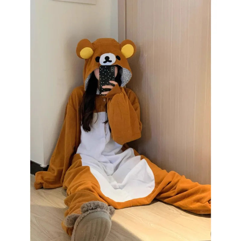 Women's Rilakkuma Bear Hooded Onesie Pajamas | Warm Cartoon Fleece Jumpsuit