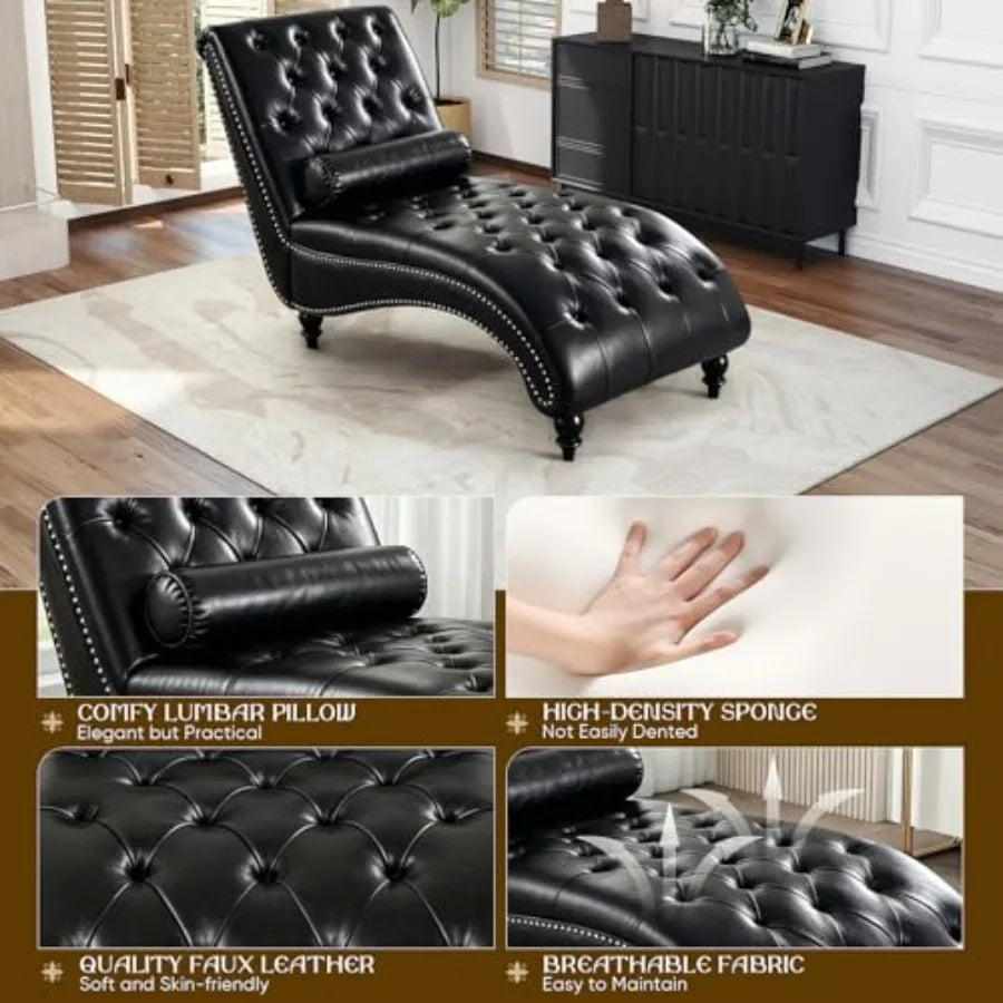 Black Faux Leather Chaise Lounge with Toss Pillow