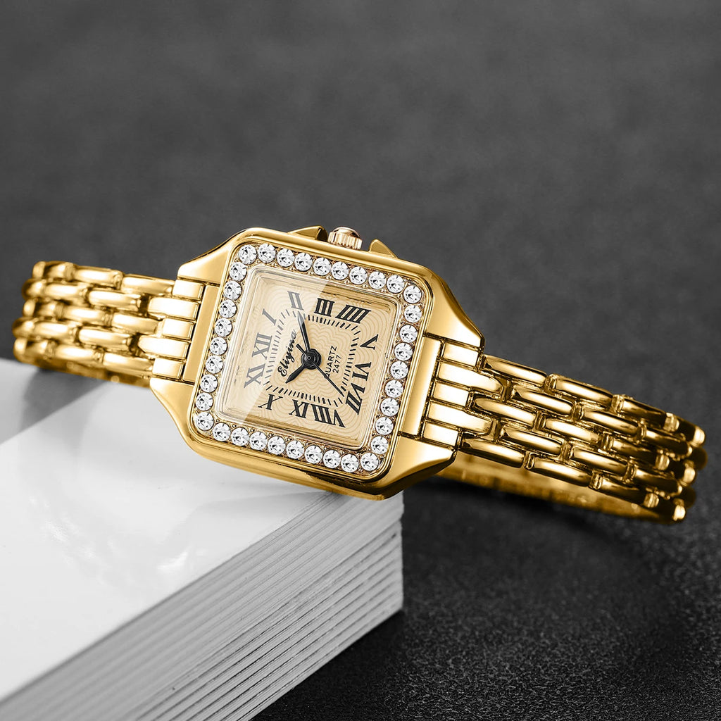 Women's Elegant Rhinestone Square Quartz Watch | Roma Dial Fashion Ladies Wristwatch