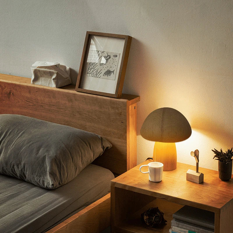 Wooden Mushroom Lamp – Rechargeable Touch Night Light