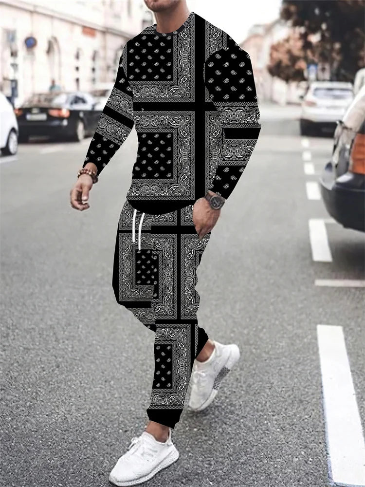 Men's Retro Quilted Print Long Sleeve T-Shirt & Pants Set – Casual Street Sport 2-Piece