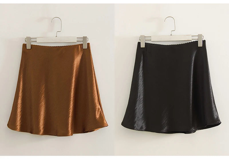 Women's Satin Mini Skirt – High Waist A-Line Luxury Office Wear in Black, Brown & Beige
