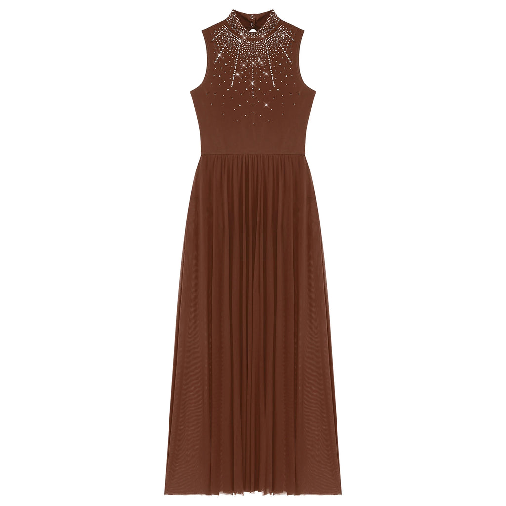 Rhinestone Maxi Sleeveless Contemporary Dance Dress — Mock Neck Wide Hemline Lyrical Leotard