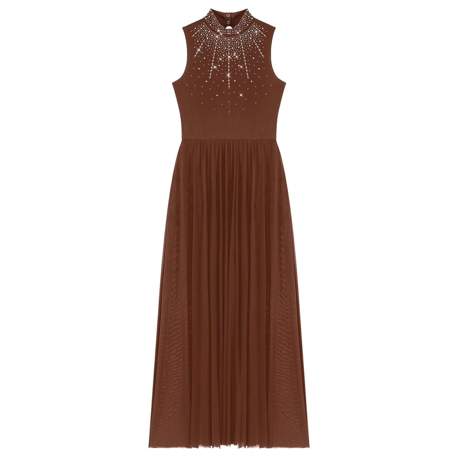 Rhinestone Maxi Sleeveless Contemporary Dance Dress — Mock Neck Wide Hemline Lyrical Leotard