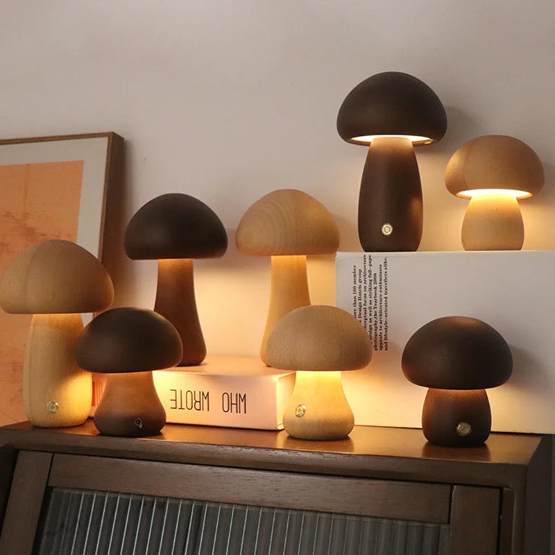 Wooden Mushroom Lamp – Rechargeable Touch Night Light