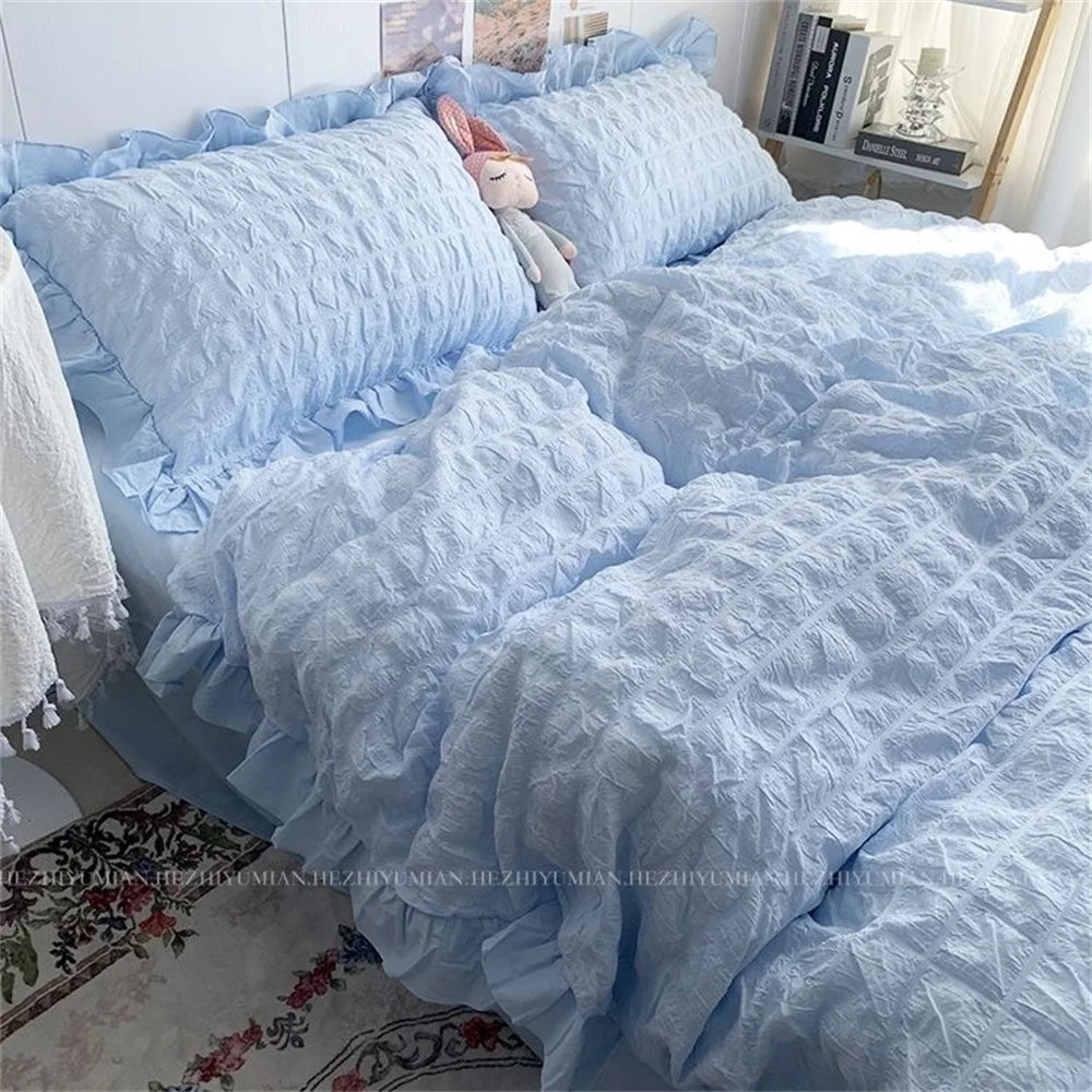 Girls Blue Seersucker Ruffle Bedding Set – Kawaii Soft Duvet Cover with Pillow Cases