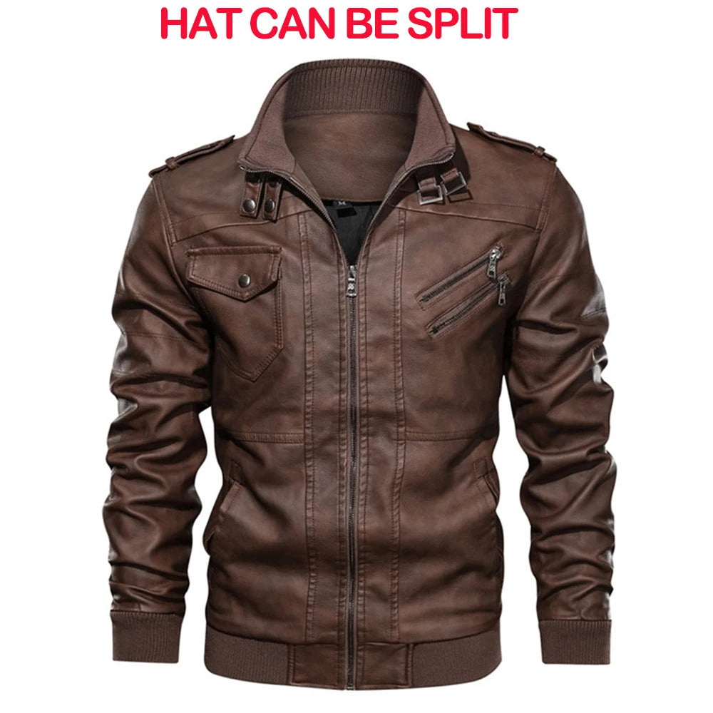 Men's Faux Leather Biker Jacket – Detachable Hood