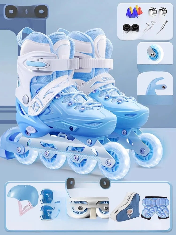 Inline Roller Skate Shoes with Helmet & Pads Set – Flashing 4-Wheel Beginner Adult Unisex Outdoor Skating