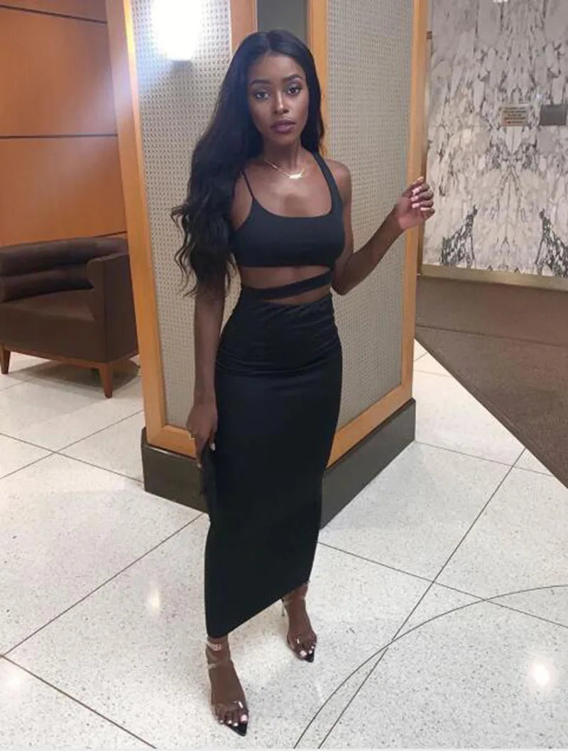 Sexy Pleated Hollow-Out Two-Piece Dress — Elegant Long Night Party Dress