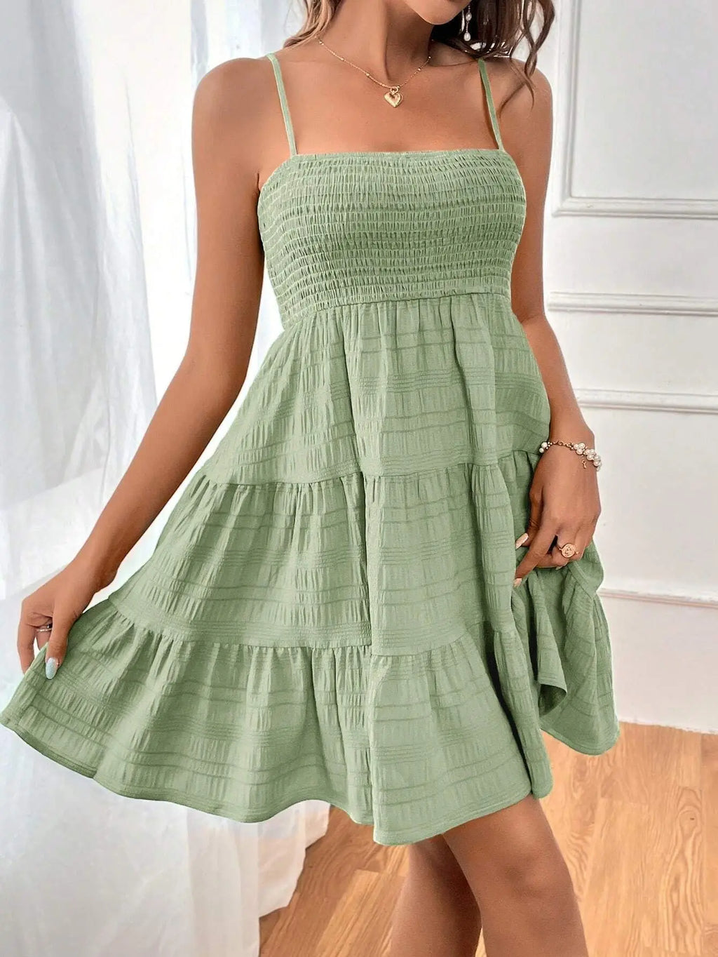 Women's Smocked Bustier Ruffled Tiered Swing Mini Dress – Spaghetti Strap Beach Vacation Dress