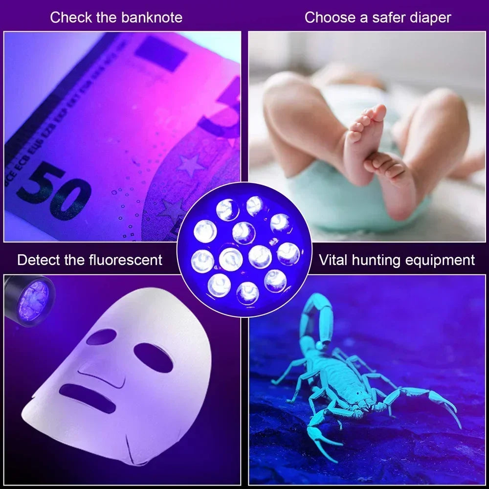 UV Blacklight Flashlight | 9/12 LED 395nm, Pet Urine & Stain Detector, Waterproof Aluminum, Batteries Not Included