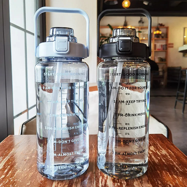 2-Liter Motivational Sports Water Bottle with Straw & Time Markers – BPA-Free PC, Wide Mouth, One-Click Lid, CE Certified