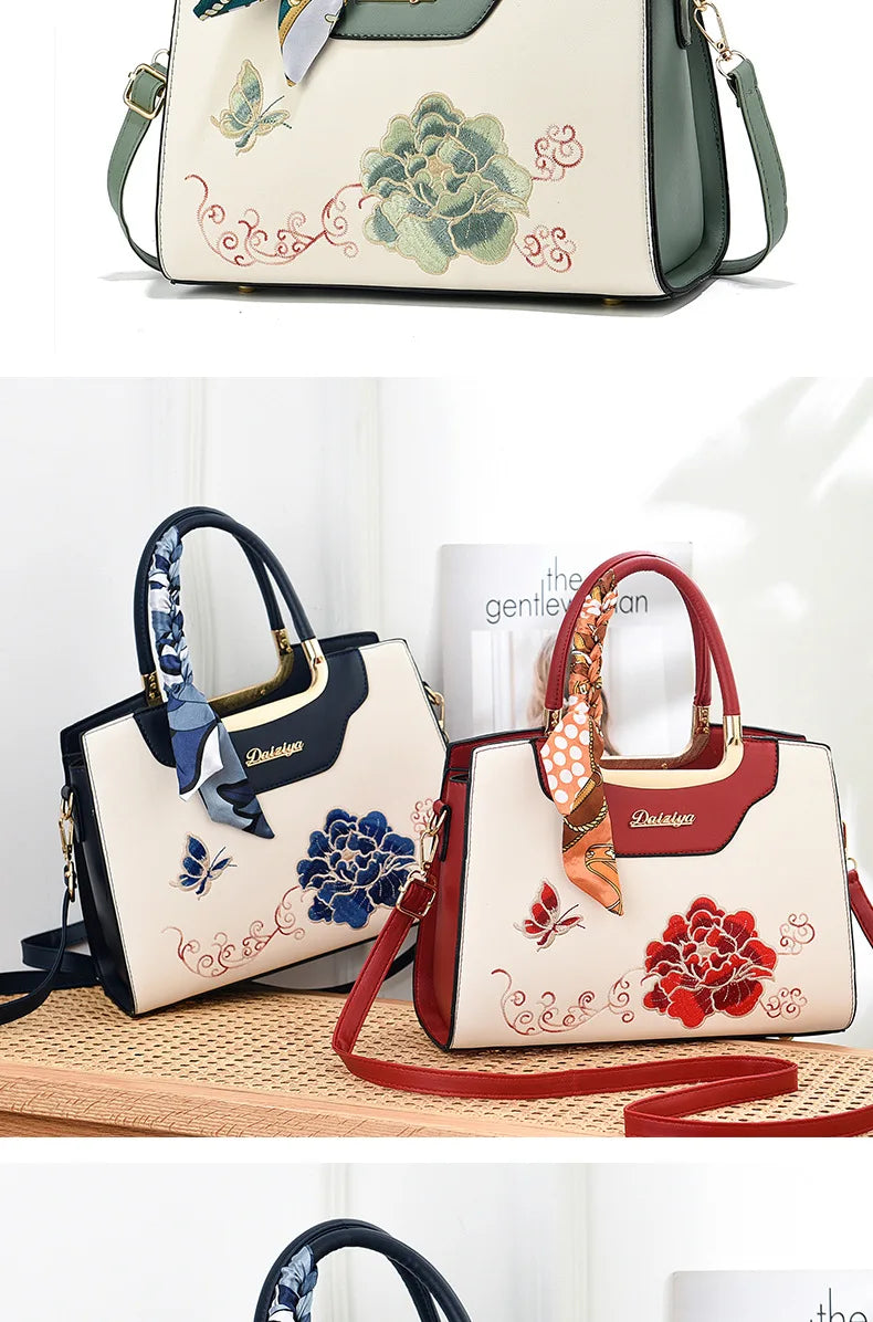Luxury Embroidered Floral Soft PU Leather Crossbody Shoulder Bag – Casual Designer Handbag for Women