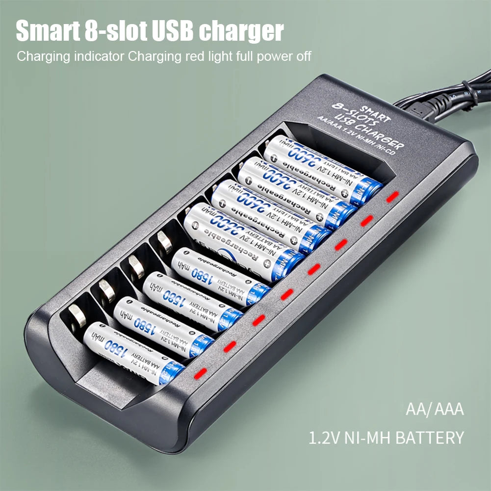 8-Slot USB NiMH AA/AAA Battery Charger – Fast Charging with Short Circuit Protection & USB Output