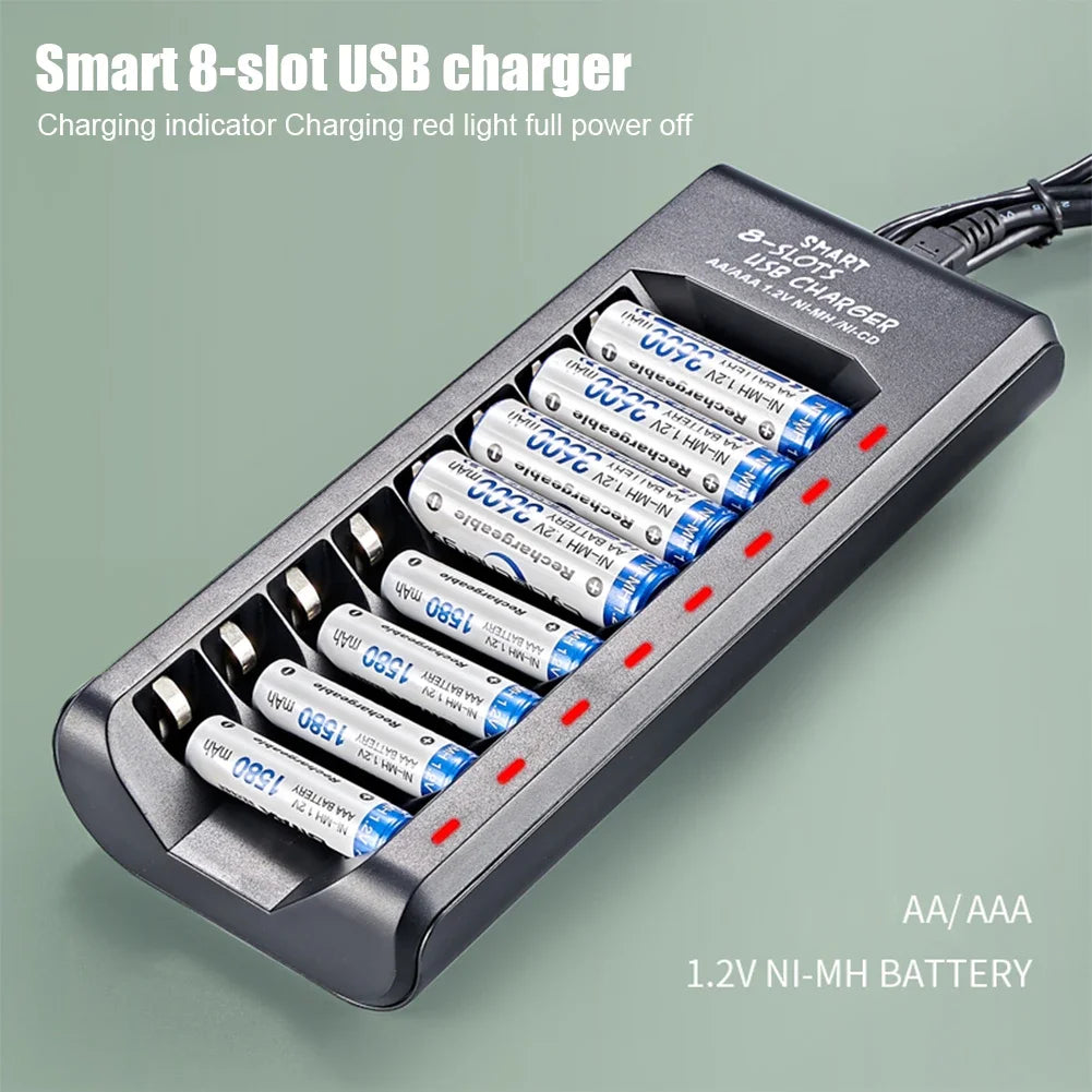 8-Slot USB NiMH AA/AAA Battery Charger – Fast Charging with Short Circuit Protection & USB Output