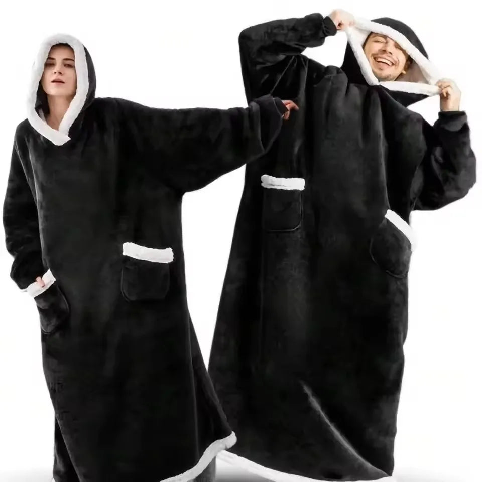 Super Long Flannel Blanket Hoodie – 180cm Oversized Fleece Sweatshirt with Sleeves for Women & Men