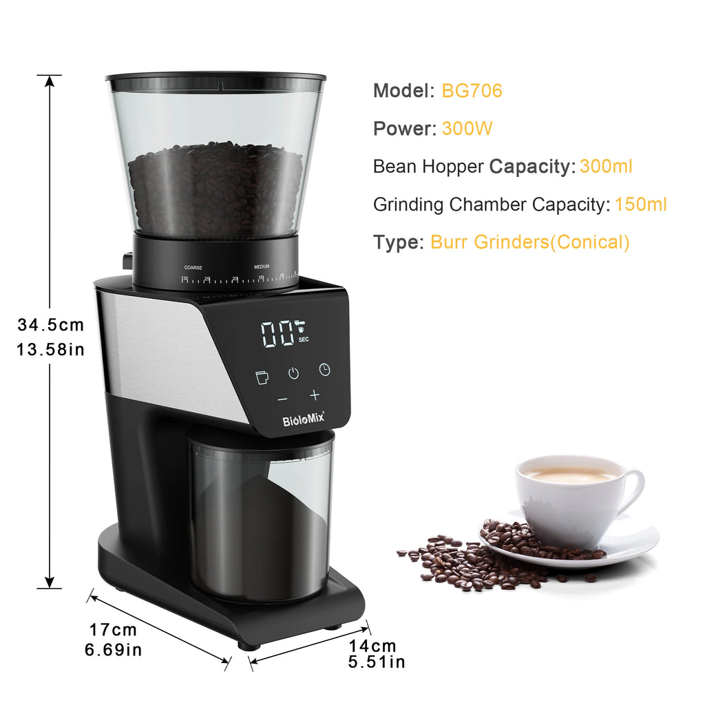 BioloMix Electric Coffee Grinder – 30 Grind Settings, Magnetic Ring, for Espresso, Drip & Pour Over