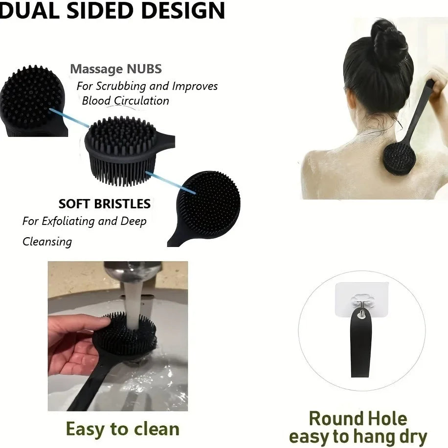 Silicone Back Scrubber Brush – Long Handle Double-Sided Body Deep Cleansing & Exfoliating Massage