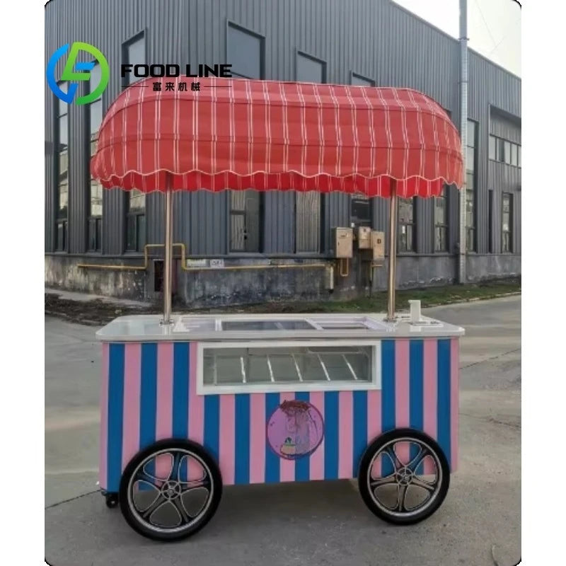 Customized Mobile Food Vending Cart with Canopy – Commercial Street Stall for Ice Cream & Snacks