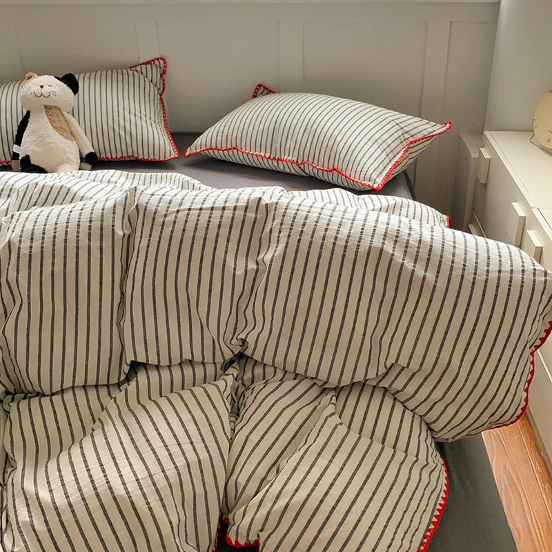 100% Cotton Stripe Duvet Cover Set – Washed 3-Piece Bedding with 2 Pillowcases, 6 Colors & 3 Sizes