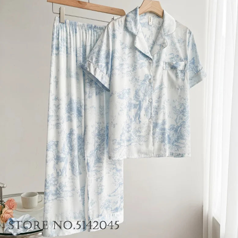 Women's Floral Print Satin 2-Piece Pajama Set | Loose Lounge Wear Homewear Suit