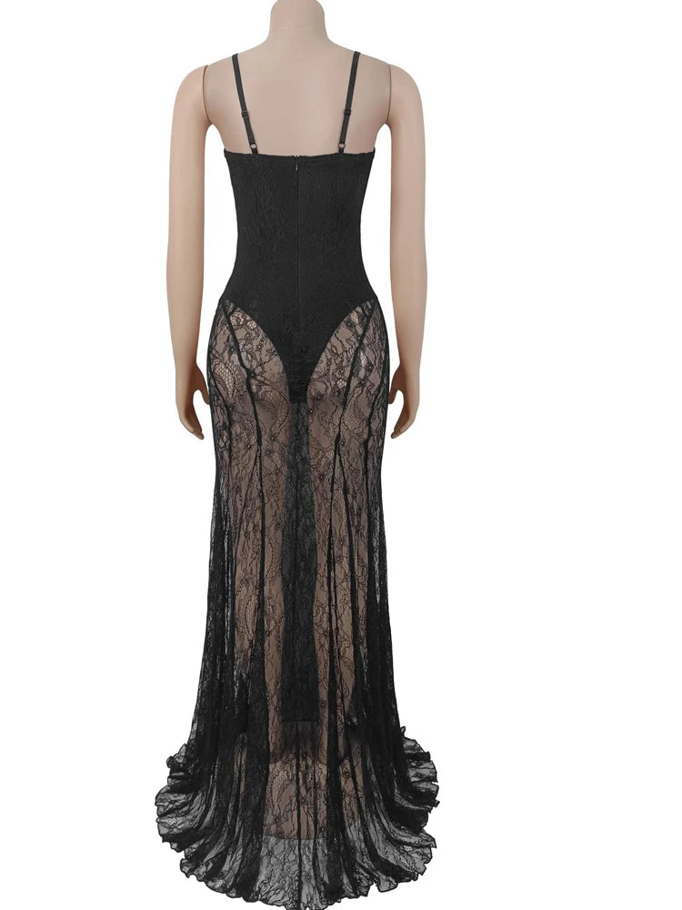 Sheer Lace Floral Bodysuit Dress — Strapless Mesh Night Out Gown