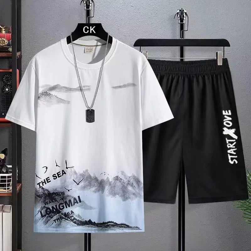 Men's Print Short Sleeve T-Shirt & Elastic Waist Shorts Casual Summer Set