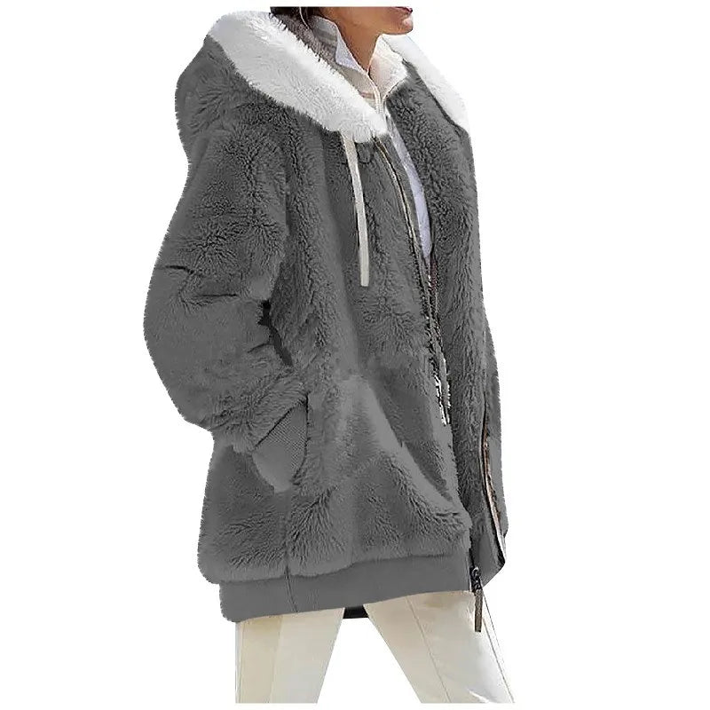 Women's Hooded Zip-Up Fleece Jacket – Loose Casual Solid Color Coat