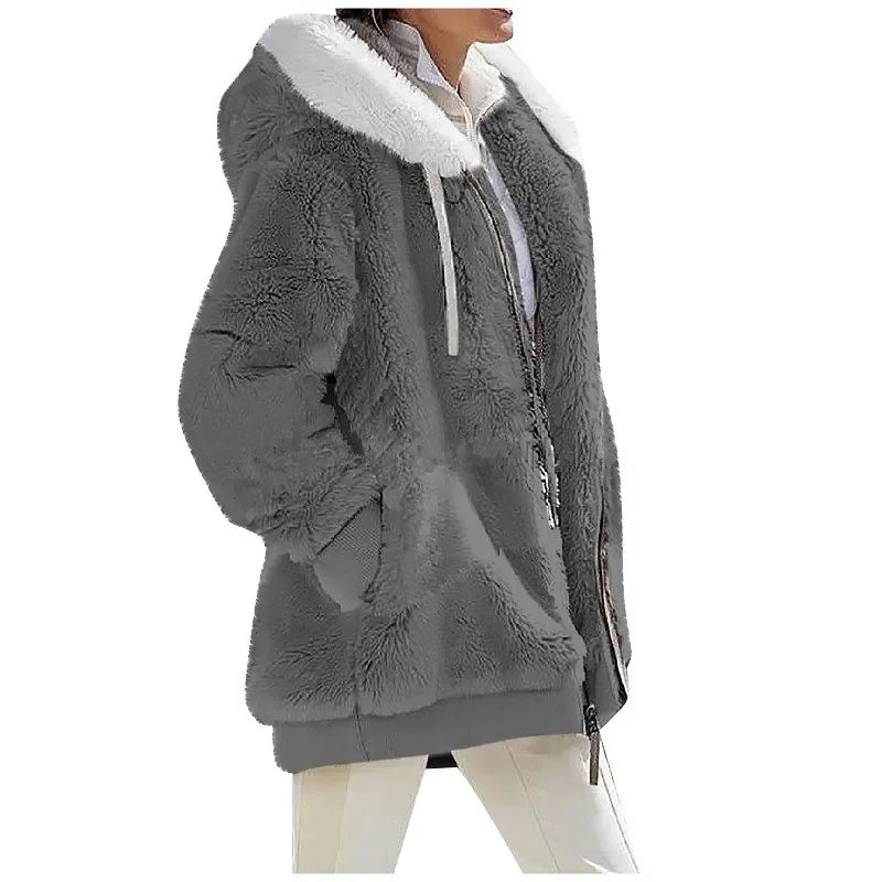 Women's Hooded Zip-Up Fleece Jacket – Loose Casual Solid Color Coat